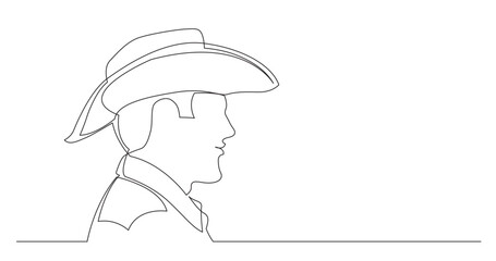 continuous line drawing vector illustration with FULLY EDITABLE STROKE of smiling man in cowboy hat and shirt
