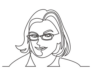continuous line drawing vector illustration with FULLY EDITABLE STROKE of smiling woman in glasses