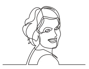 continuous line drawing vector illustration with FULLY EDITABLE STROKE of smiling woman looking happy