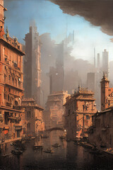 dystopian concept art of a futuristic city landscape in a cyberpunk themed sci fiction universe, Generative AI