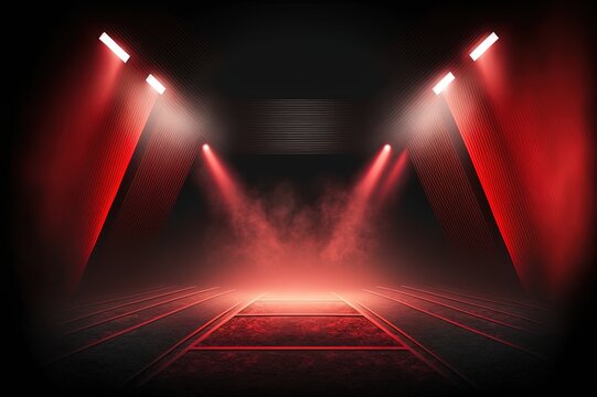 illustration of spotlights shine on stage floor in dark room, idea for background, backdrop, mock up	 Generative Ai