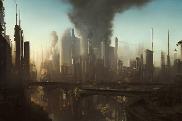 dystopian concept art of a futuristic city landscape in a cyberpunk themed sci fiction universe, Generative AI