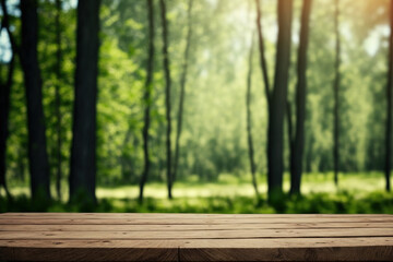 Naklejka na ściany i meble Empty wooden table surface with copy space, green forest background. AI 
