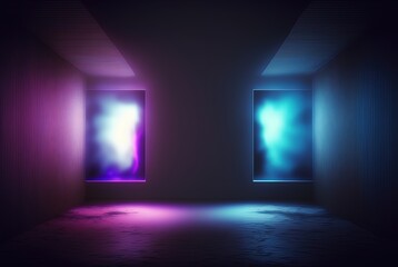 illustration of spotlights shine on stage floor in dark room, idea for background, backdrop, mock up Generative Ai
