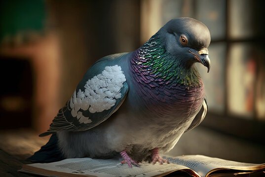 pigeon reading a book. Generative AI image.