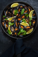 Mussels with lemon and coriander in a pan.Top view. Food photography . Low key.