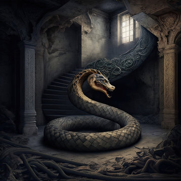 mystical snake creature, serpent. Generative AI image.
