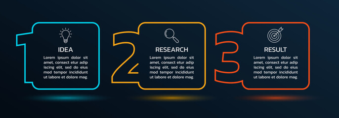 3 step chart design. Three options process diagram with outline icons. Timeline info graphic. Modern layout, business presentation template. Vector illustration.
