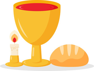 Christian greeting card or banner of the Holy Week before Easter. Wine, bread and candle. Vector illustration