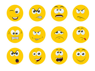 Round abstract comic Faces with various Emotions. Cartoon drawing style. Different colorful characters, Flat design. Hand drawn trendy Vector illustration.
