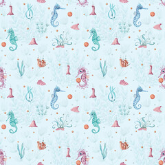 Watercolor underwater seamless pattern of seahorse, laminaria and coral. Underwater animals and plant isolated on white background. Aquatic illustration for design, print or background