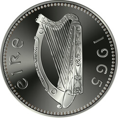 Obraz premium Irish money Pre-decimal Shilling coin with Celtic harp on obverse