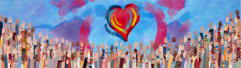 Many raised hands Diverse people. Charitable donation and volunteer work. Support and assistance. People diversity. Multicultural community. NGO. Aid. Blue background copy space with heart - obrazy, fototapety, plakaty