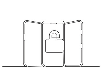 continuous line drawing vector illustration with FULLY EDITABLE STROKE of three standing vertical smart phones with security lock