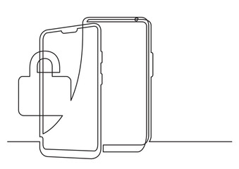 continuous line drawing vector illustration with FULLY EDITABLE STROKE of two modern cell phones with security lock