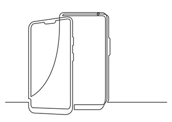 continuous line drawing vector illustration with FULLY EDITABLE STROKE of two modern cell phones