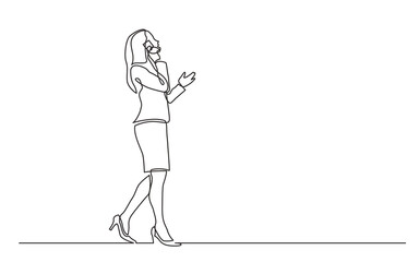 continuous line drawing vector illustration with FULLY EDITABLE STROKE of walking business woman speaking mobile phone