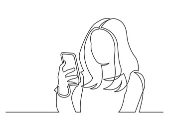 continuous line drawing vector illustration with FULLY EDITABLE STROKE of woman reading mobile phone