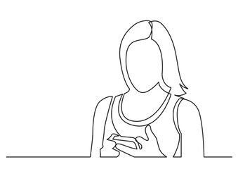 continuous line drawing vector illustration with FULLY EDITABLE STROKE of woman reading smartphone