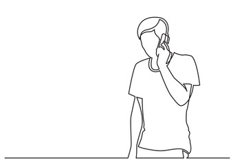 continuous line drawing vector illustration with FULLY EDITABLE STROKE of young man talking on phone