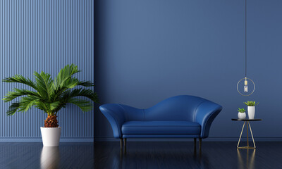 Blue sofa in blue living room with copy space for mock up, 3D rendering