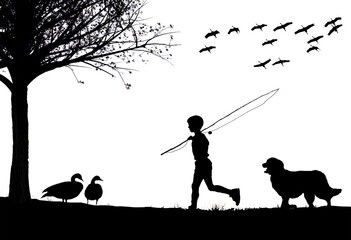 A boy with his fishing pole and his dog are seen returning home at sunset. Geese and cranes are seen also