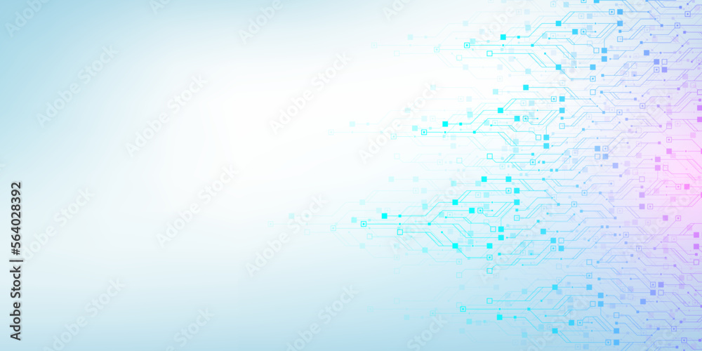 Fototapete Quantum computer technologies concept. Futuristic blue circuit board background vector. Modern technology circuit board texture background design. Waves flow. Quantum explosion technology.
