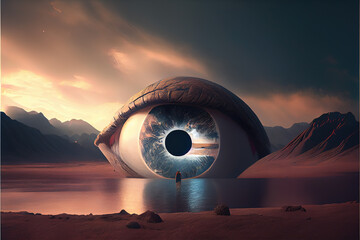 A large, open eye in a surreal, dreamlike setting.  Imaginative self-expression and introspection. Generative AI