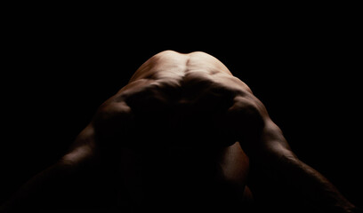 Naked, man with muscle and isolated on black background, strong back and skin, silhouette and body...