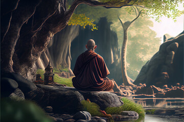 A Buddhist monk meditating in a serene natural setting.  Religious observance and mindfulness. Generative AI