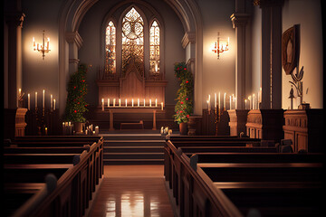 Fototapeta premium A Christian church lit by candlelight, with pews and an altar visible. Religious observance and community. Generative AI