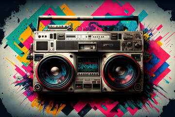  Illustration of a boombox on a graphical background. Portable stereo. 80s music. Urban style party - obrazy, fototapety, plakaty