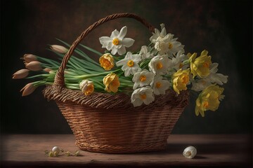  a basket of daffodils and daffodils on a table with an egg in the background and a basket of daffodils in the foreground with a dark background. Generative AI