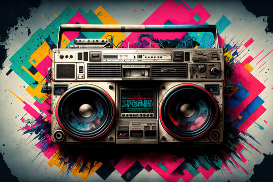  Illustration of a boombox on a graphical background. Portable stereo. 80s music. Urban style party