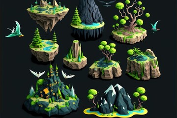 Green rocky flying island with rocky hills. Isolated cartoon illustration set. AI