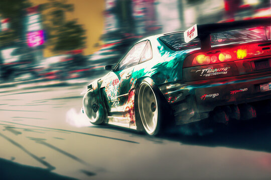 Tuned Toyota Supra drifting through Los Angeles. Generative AI. 