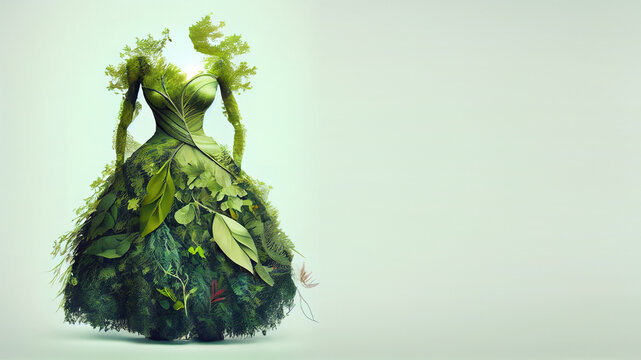 Dress made of fresh green leafs and plants, sustainable clothes concept. Generative AI
