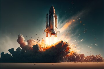 Illustration of a rocket taking off into space, sparks, smoke, smog. AI