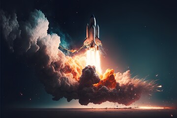 Illustration of a rocket taking off into space, sparks, smoke, smog. AI