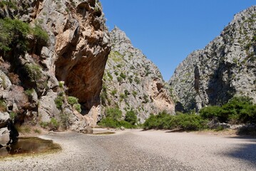 Rugged cliffs of canyon Torrent de Pareis, in the hinterland of Cala Sa Calobra. Majorca, Spain.