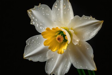  a white and yellow flower with water droplets on it's petals and a black background with a green stem and a yellow center flower with a yellow center and white stem with a few. Generative AI
