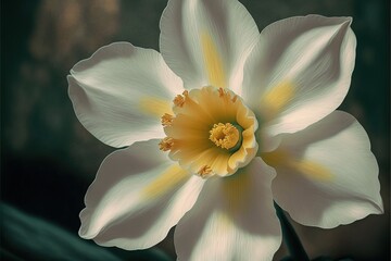  a white and yellow flower with a green background and a black background with a white and yellow center and a yellow center in the center of the flower, with a yellow center. Generative AI