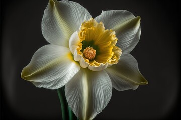  a white flower with a yellow center on a black background with a black background behind it and a white background behind it with a yellow center and a yellow center on the center. Generative AI