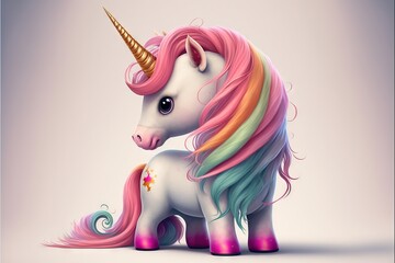  a pink and blue unicorn with a rainbow mane and a star on its forehead, sitting down and looking at the camera, with a pink background of a light blue sky and a pink. Generative AI