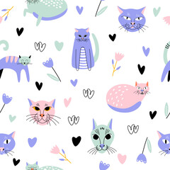 Playful cute cats with hearts and abstract decor hand drawn. Seamless vector pattern for fabric or wallpaper.