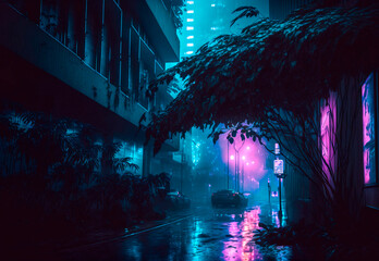 Fototapeta premium Night city lights. Neon urban future. Futuristic city in a cyberpunk style. Photorealistic Generative AI illustration. Futuristic skyscrapers with neon lights.