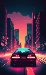 Fototapeta na wymiar a car driving down a city street at night, cyberpunk art, art illustration 