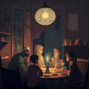 a scene of family seated around a dining table under the light of a chandelier and a candle, giving the impression of an intimate family mea