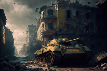 city destroyed by war. Tank, ruins and wreckage