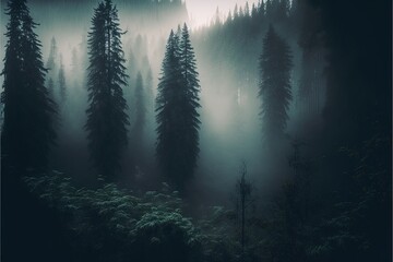  a forest filled with lots of tall trees covered in fog and mist at night time with a full moon in the sky above the trees and fog in the distance, with a dark sky. Generative AI